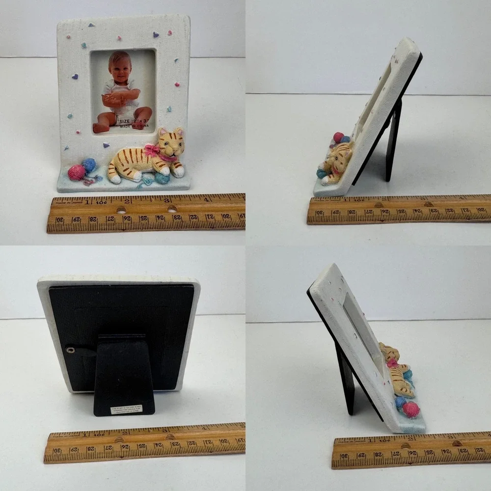 Vtg Small Mini Tabletop Pic Photo Frame Baby Nursery Cat Yarn Hearts Dots Pastel